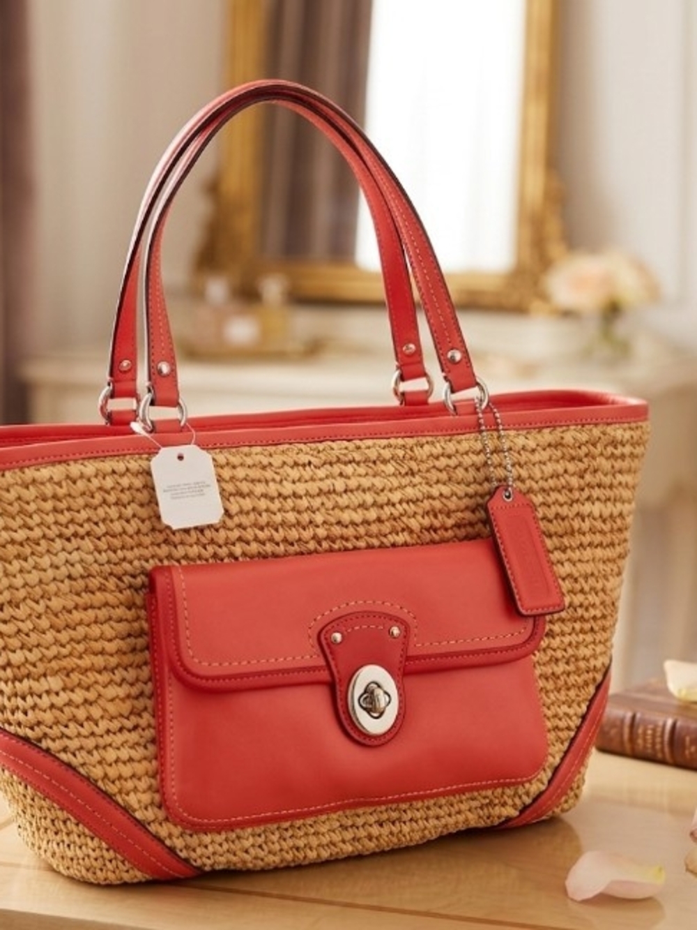 NWT Coach Woven Straw Pocket Tote with Tangerine Leather Trim Creed: M1269-22904